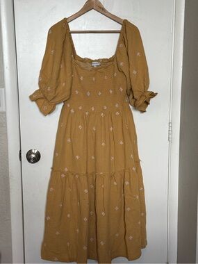 Smocked Puff Sleeve Midi Dress in Mustard - Feminine Tiered Style